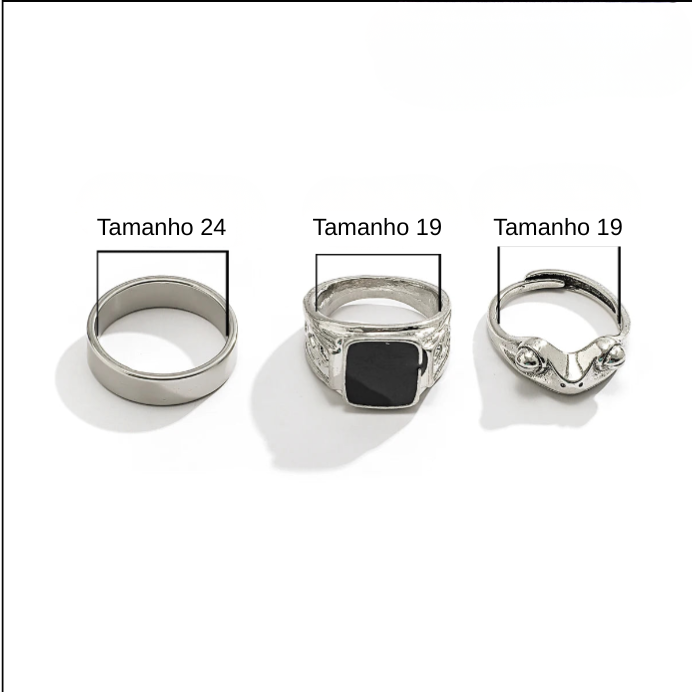 Conjunto Punk Drip – 3 Anéis Geométricos de Aço Inoxidável