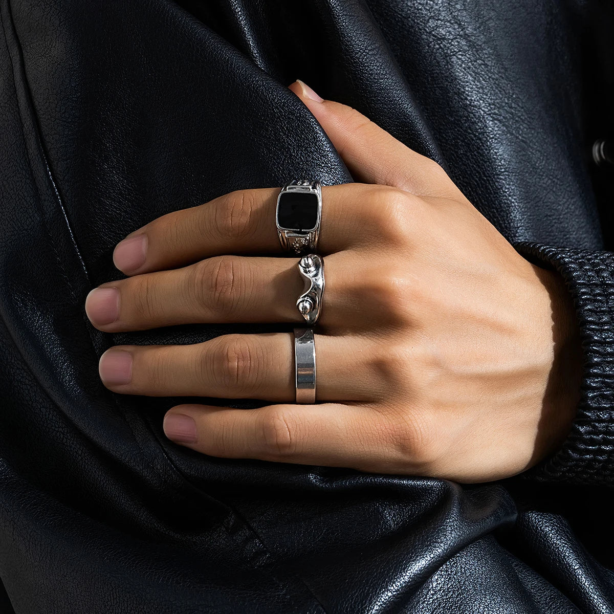 Conjunto Punk Drip – 3 Anéis Geométricos de Aço Inoxidável